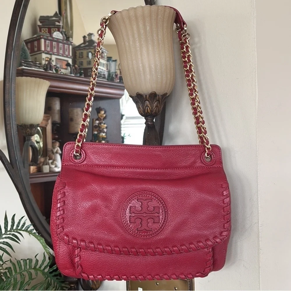 Tory Burch Genuine Leather Red Saddle Bag Gold Tone Chain Woven Shoulder Purse